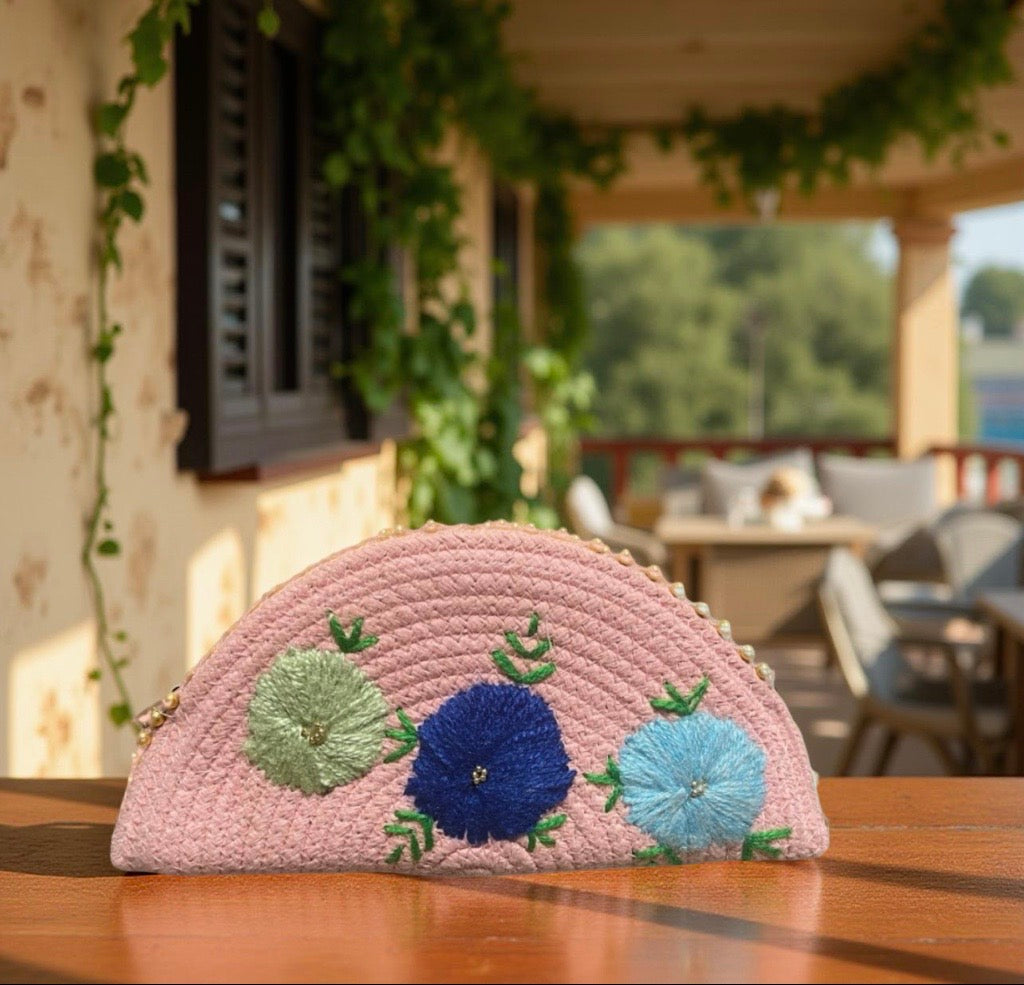 Pink Ethnic Embroidered Clutch - Handcrafted Traditional Design Esperance