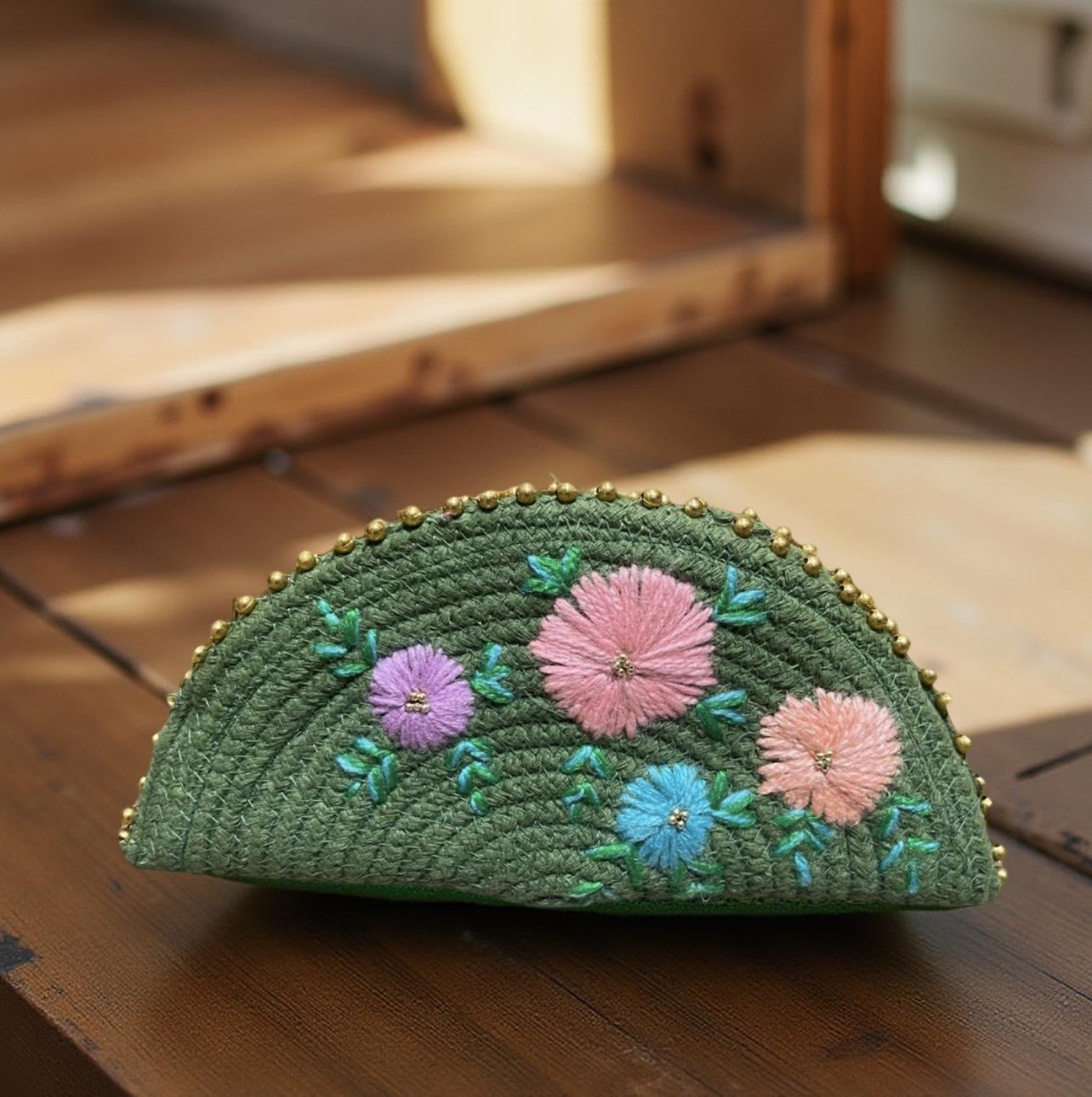 Green Ethnic Embroidered Clutch Esperance