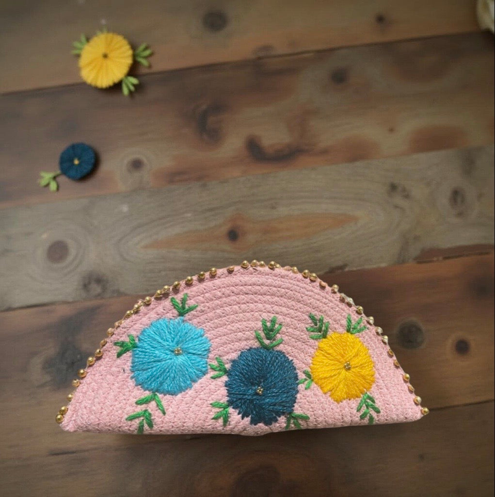 Pink Ethnic Embroidered Clutch - Handcrafted Traditional Design Esperance